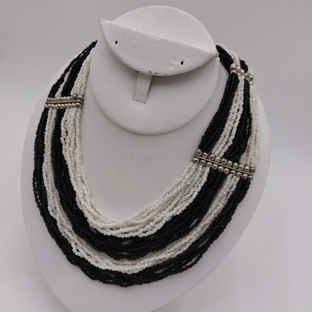Vtg Multi Strand Seed Bead Statement Necklace Black White Silver Tone 22" Bold